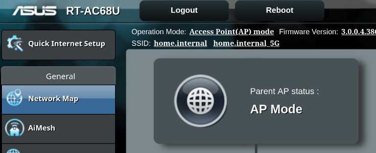picture of the Asus router configuration interface showing it’s in AP mode