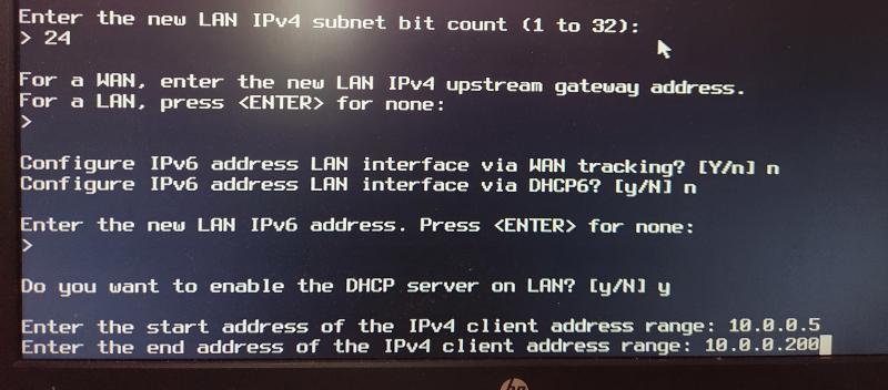 OPNsense CLI showing the DHCP server setting the range of client IP addresses