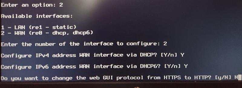 OPNsense CLI showing the command option to set WAN to DHCP