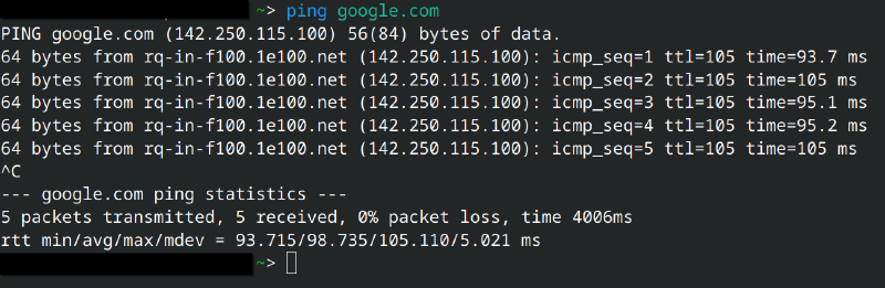 Terminal snippet of me running the ping command to google.com and getting replies back