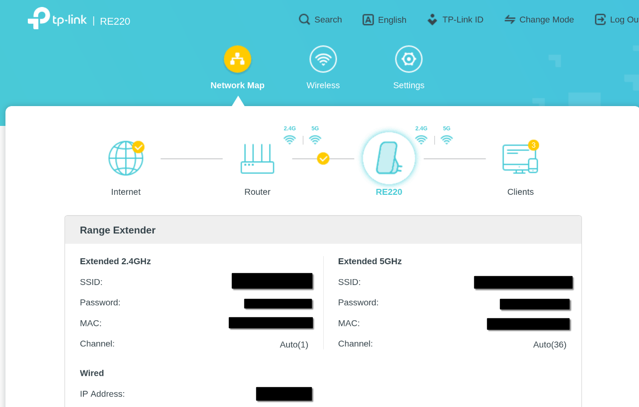 Screenshot of the configuration UI of the WiFi extender showing that it’s connected to the SOHO router’s WiFi network