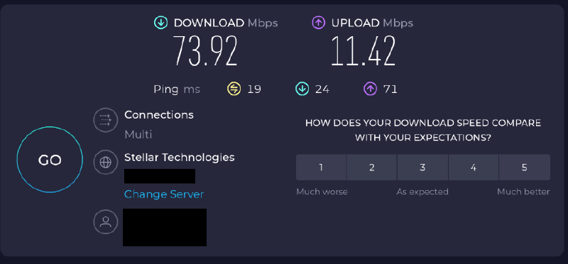 picture of a speed test from a device that is wired to the switch