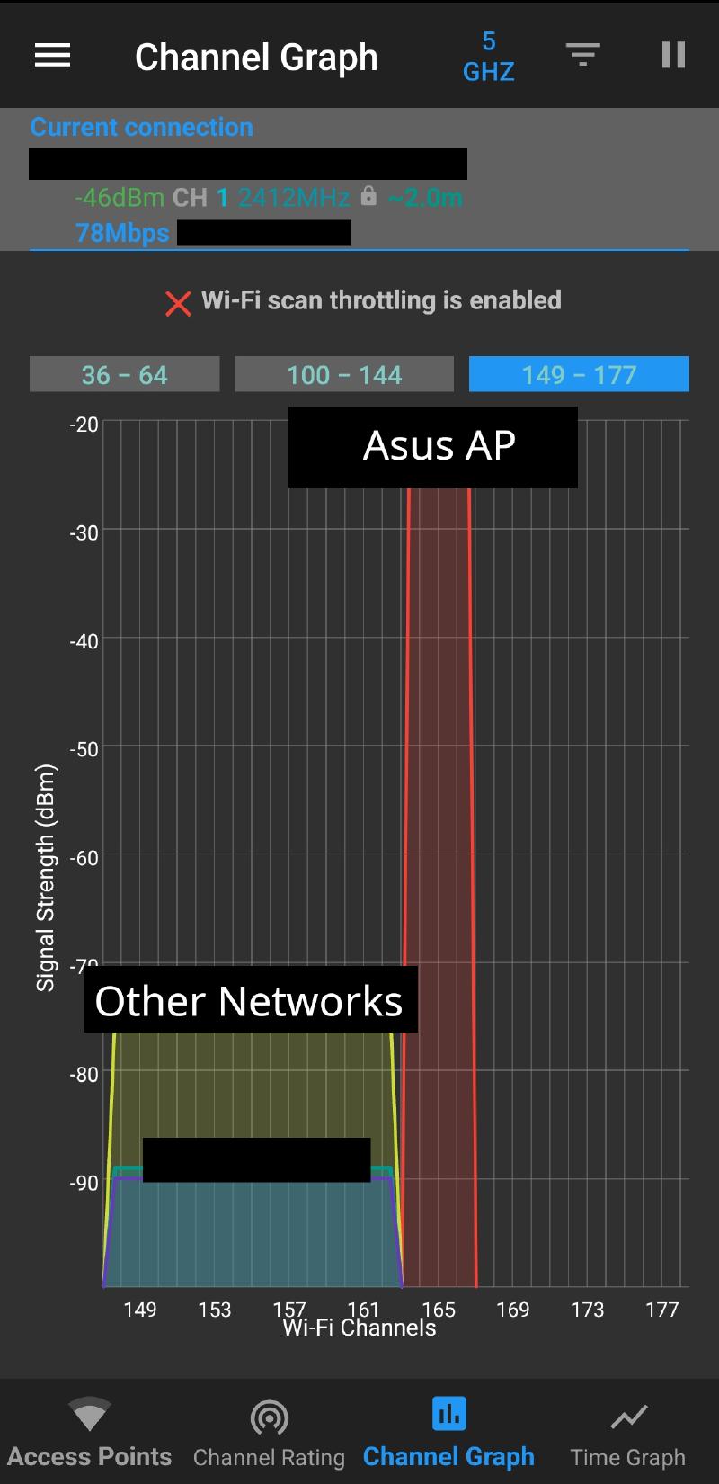 picture of WiFi analyzer showing that AP router is using a different channel than the WiFi EXTENDER on 5GHZ frequency