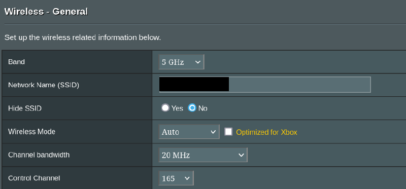 picture of the Asus router configuration interface showing that the interfaces are set to certain channels on 5GHZ frequency