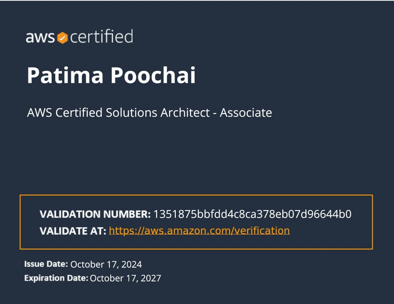 AWS Certified Solutions Architect certificate addressed to Patima Poochai