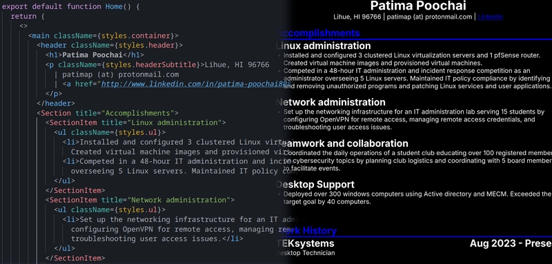 The resume website side-by-side with the source code written in Javascript