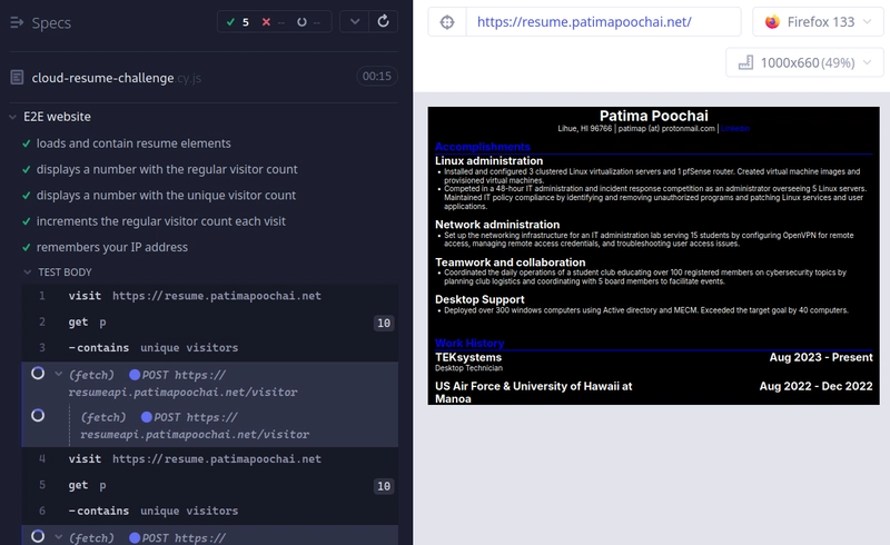 A Cypress GUI showing a passing test run of the resume website