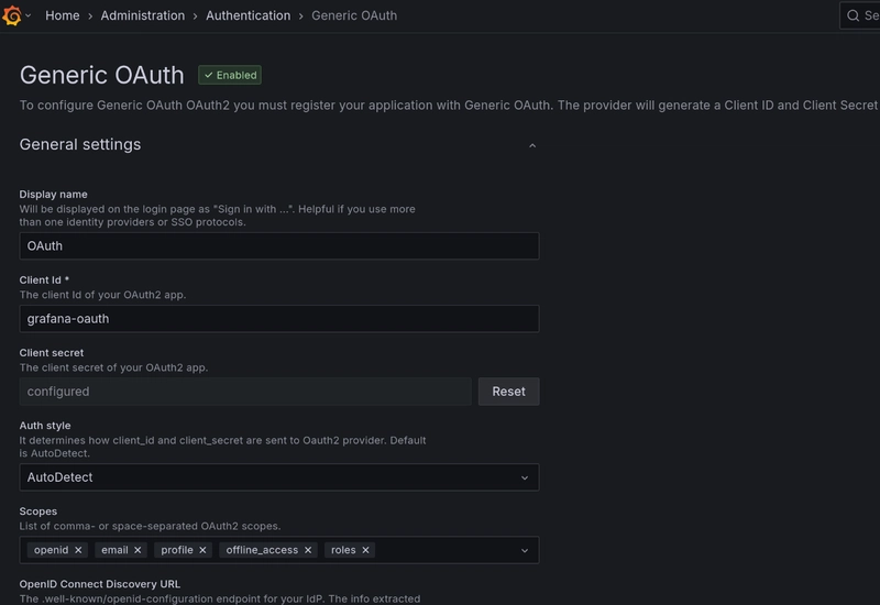 the Grafana OAuth/OIDC configuration