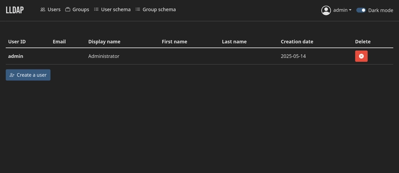 dashboard of LLDAP showing a list of users