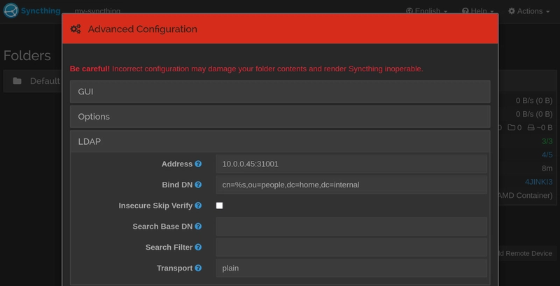 the Syncthing LDAP configuration